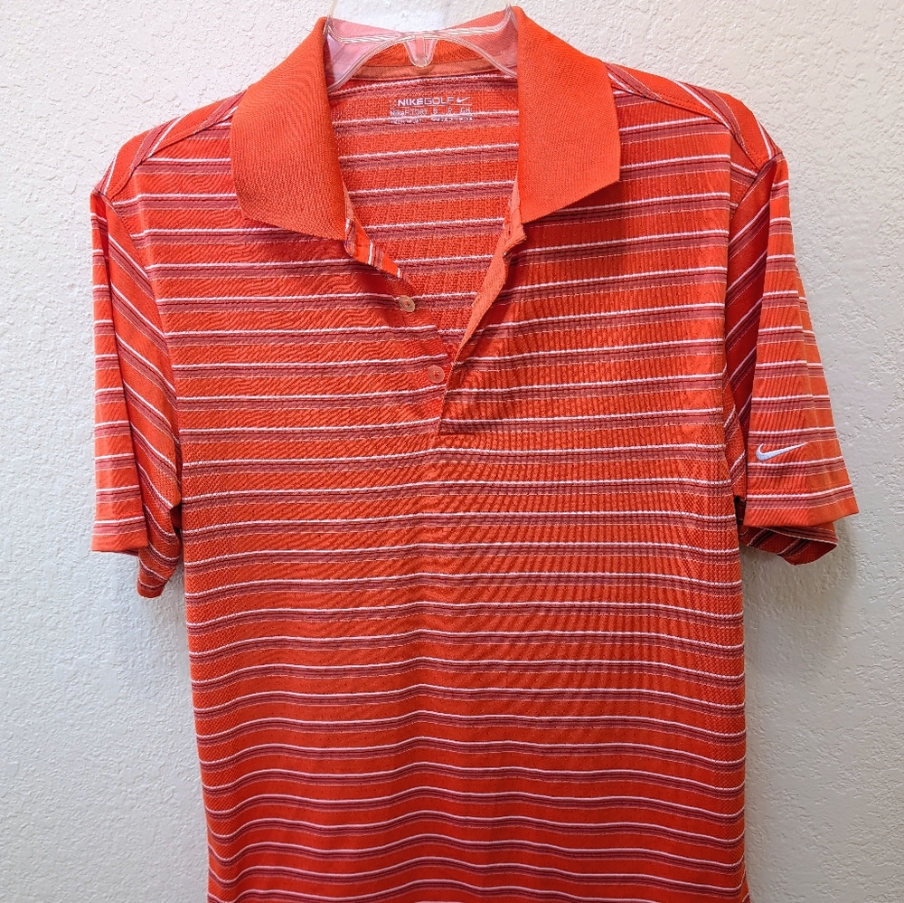 Nike Golf Fit Dry, Athletic Orange Polo W/ Multi Colored Stripes, Size Small
